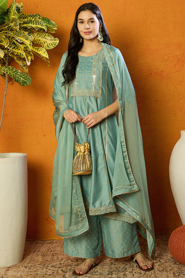 Sea Green Silk Blend Solid Embroidered Anarkali Suit Set | WomensFashionFun.com