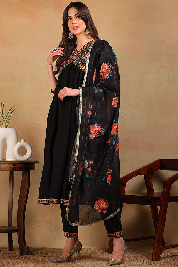 Black Silk Blend Solid Embroidered Flared Empire Suit Set | WomensFashionFun.com