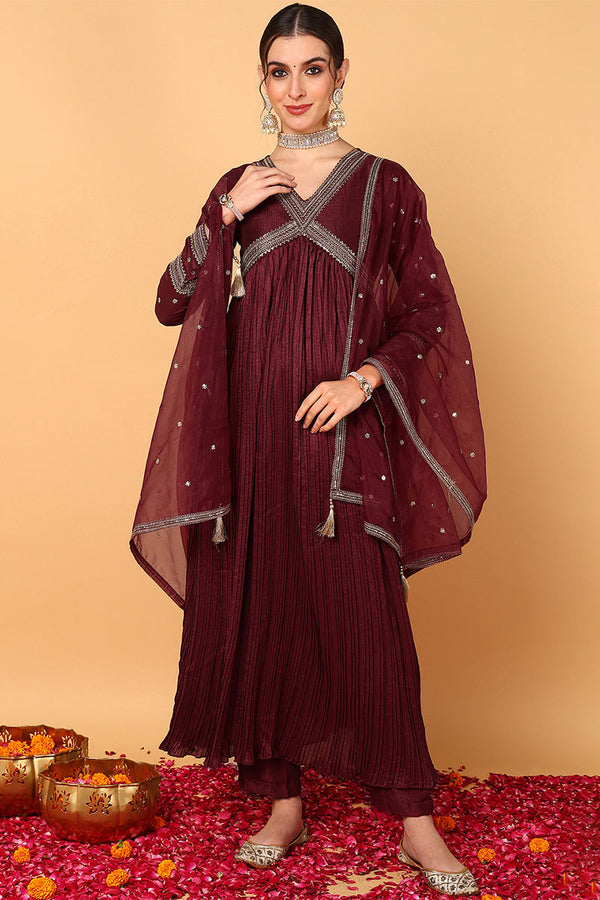 Maroon Silk Blend Solid Embroidered Flared Suit Set | WomensFashionFun.com