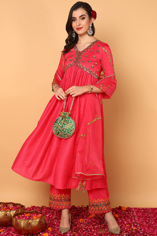 Pink Silk Blend Solid Embroidered Flared Suit Set | WomensFashionFun.com