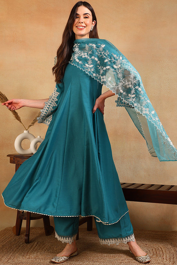 Blue Silk Blend Solid Embroidered Flared Suit Set | WomensFashionFun.com