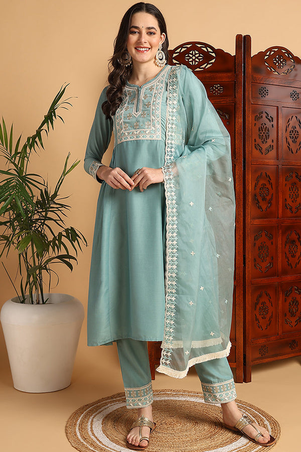 Sea Green Silk Blend Solid Embroidered Flared Style Suit Set | WomensFashionFun.com