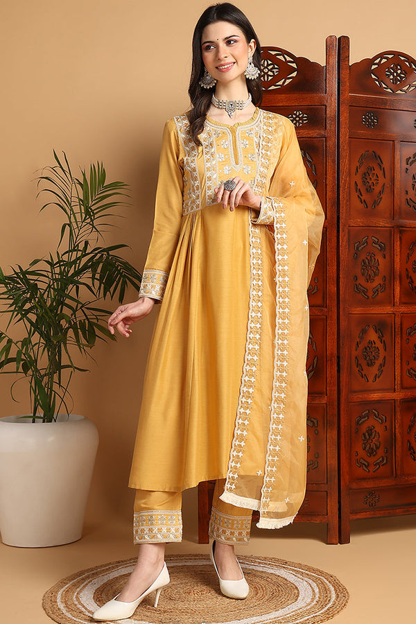 Yellow Silk Blend Solid Embroidered Flared Suit Set | WomensFashionFun.com