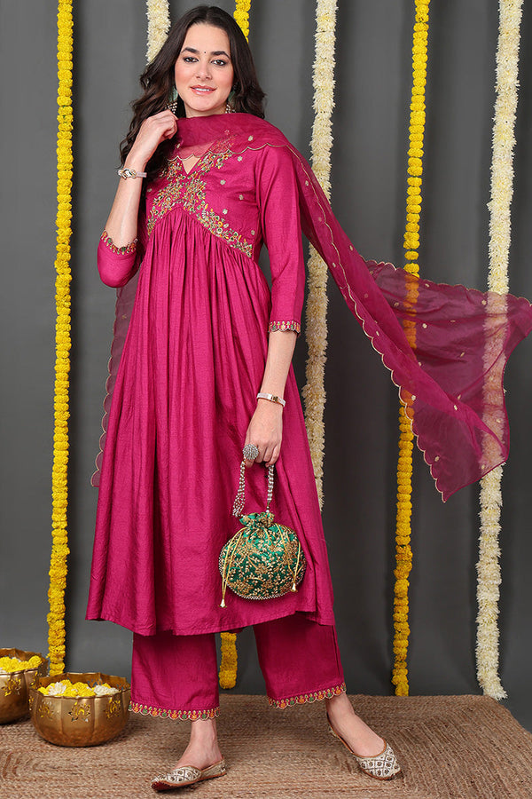 Pink Silk Blend Solid Embroidered Flared Suit Set | WomensFashionFun.com