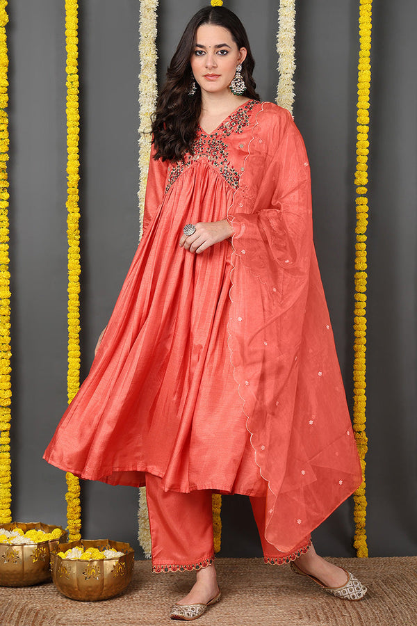 Orange Silk Blend Solid Embroidered Flared Suit Set | WomensFashionFun.com