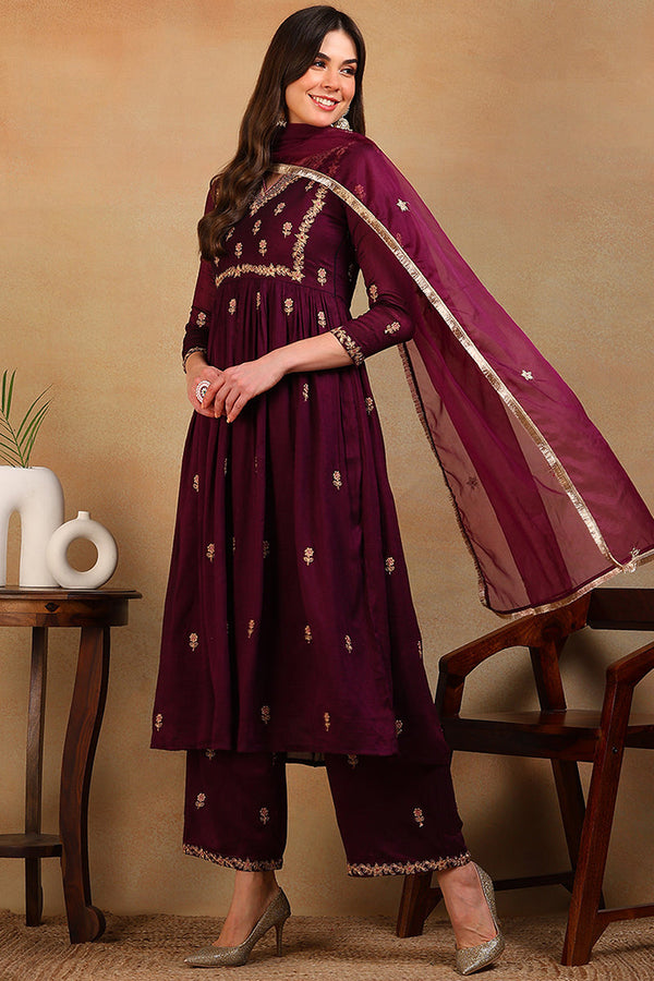 Purple Silk Blend Solid Embroidered Flared Empire Suit Set | WomensFashionFun.com