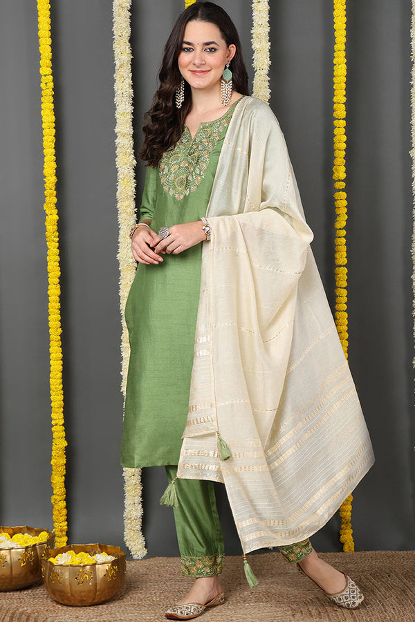 Green Silk Blend Solid Embroidered Straight Suit Set | WomensFashionFun.com