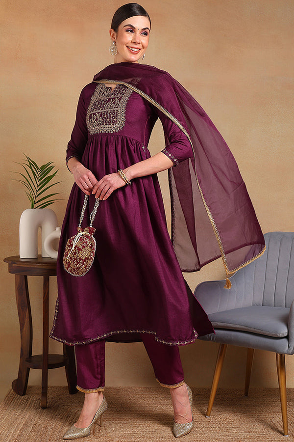 Purple Silk Blend Solid Yoke Design Flared Empire Suit Set | WomensFashionFun.com