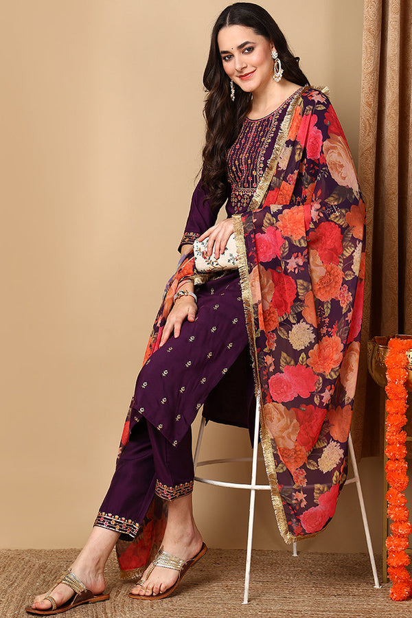 Purple Silk Blend Solid Embroidered Straight Suit Set | WomensFashionFun.com