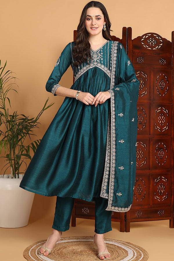 Green Silk Blend Solid Embroidered Flared Suit Set | WomensFashionFun.com