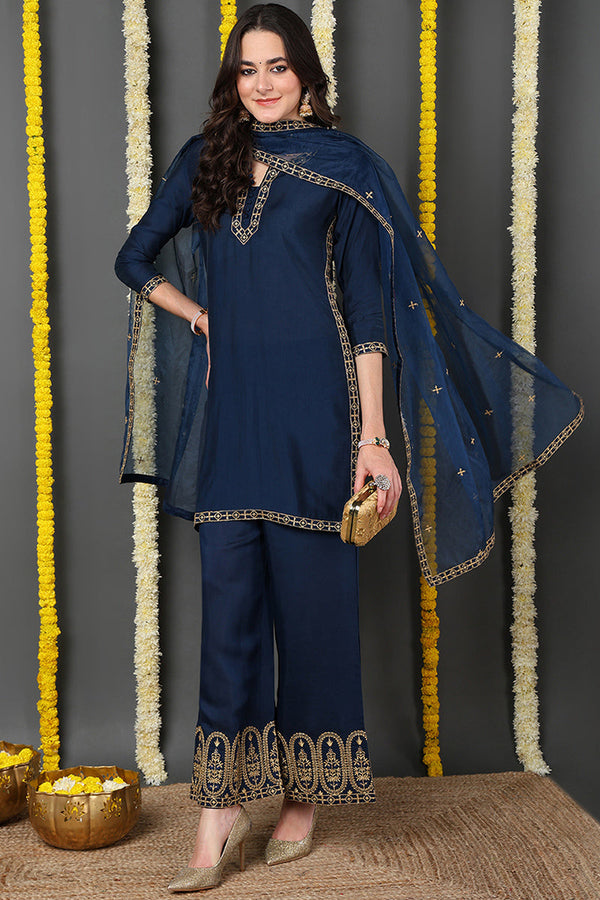 Blue Silk Blend Solid Embroidered Straight Suit Set | WomensFashionFun.com