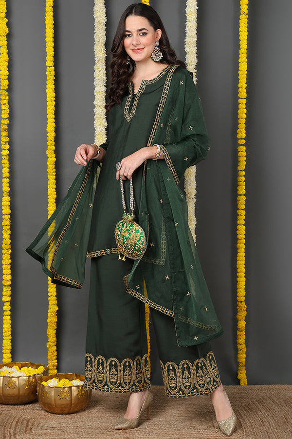 Green Silk Blend Solid Embroidered Straight Suit Set | WomensFashionFun.com