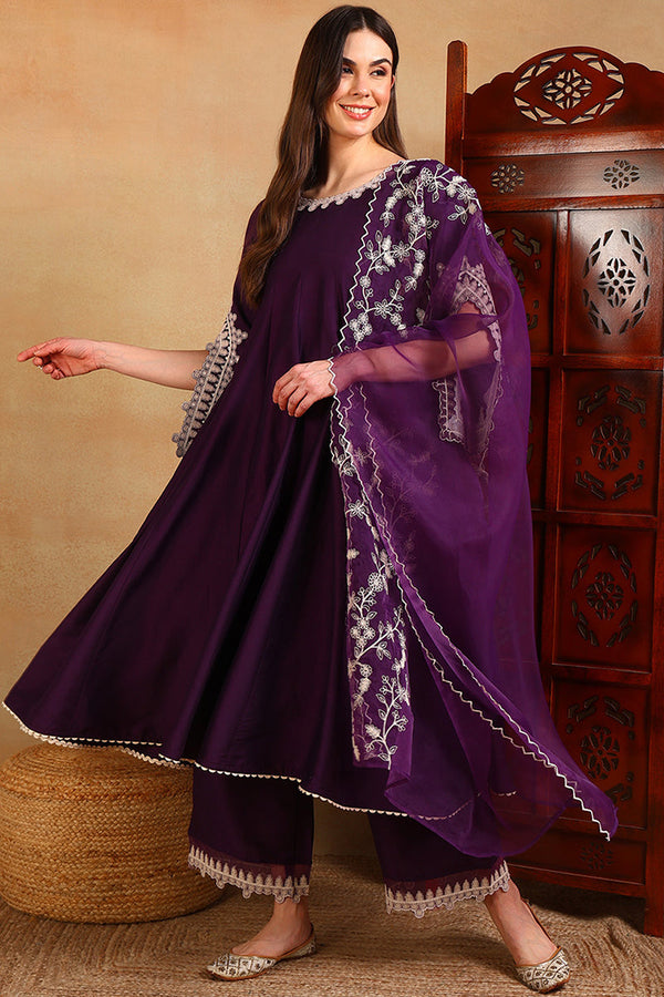 Purple Silk Blend Solid Embroidered Flared Suit Set | WomensFashionFun.com