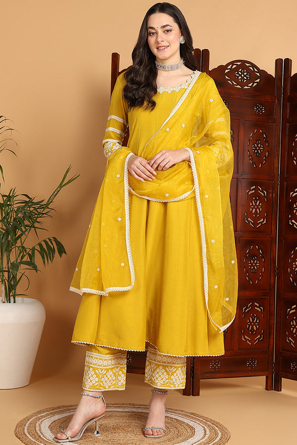 Yellow Silk Blend Solid Embroidered Anarkali Suit Set | WomensFashionFun.com