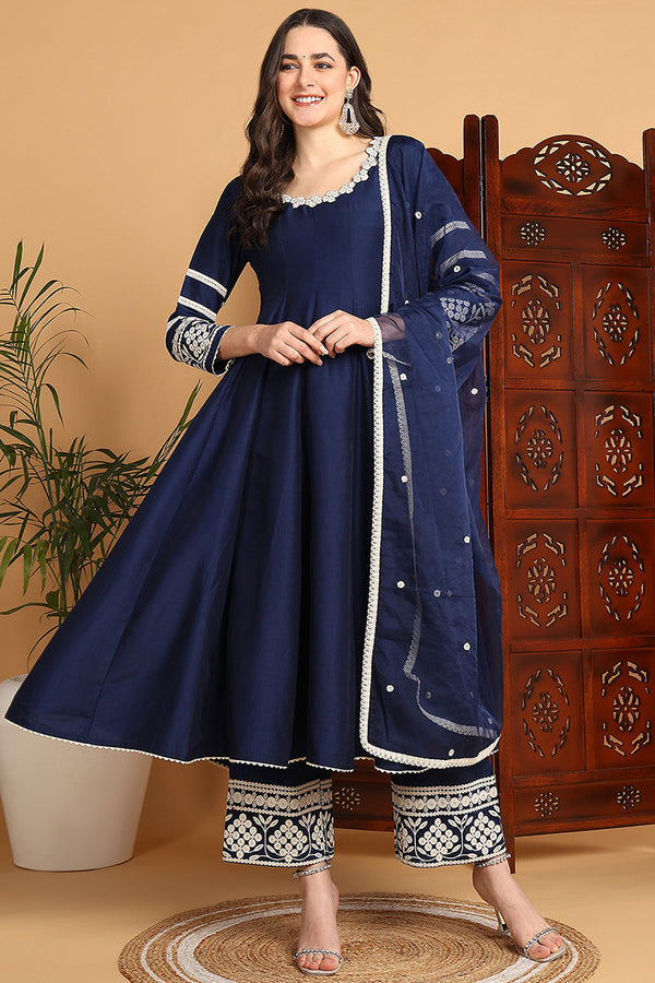 Navy Blue Silk Blend Solid Embroidered Anarkali Suit Set | WomensFashionFun.com