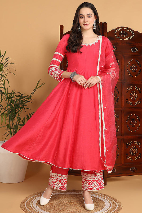 Pink Silk Blend Solid Embroidered Anarkali Suit Set | WomensFashionFun.com