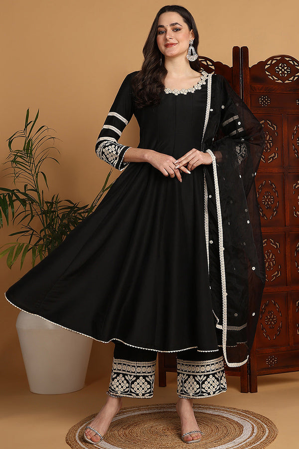 Black Silk Blend Solid Embroidered Anarkali Suit Set | WomensFashionFun.com