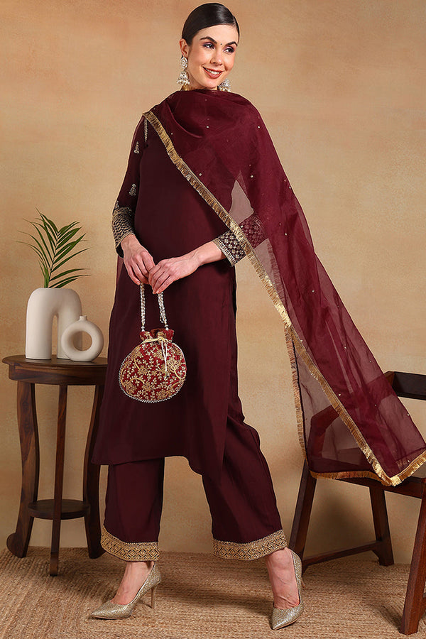 Burgundy Silk Blend Solid Embroidered Straight Regular Suit Set | WomensFashionFun.com