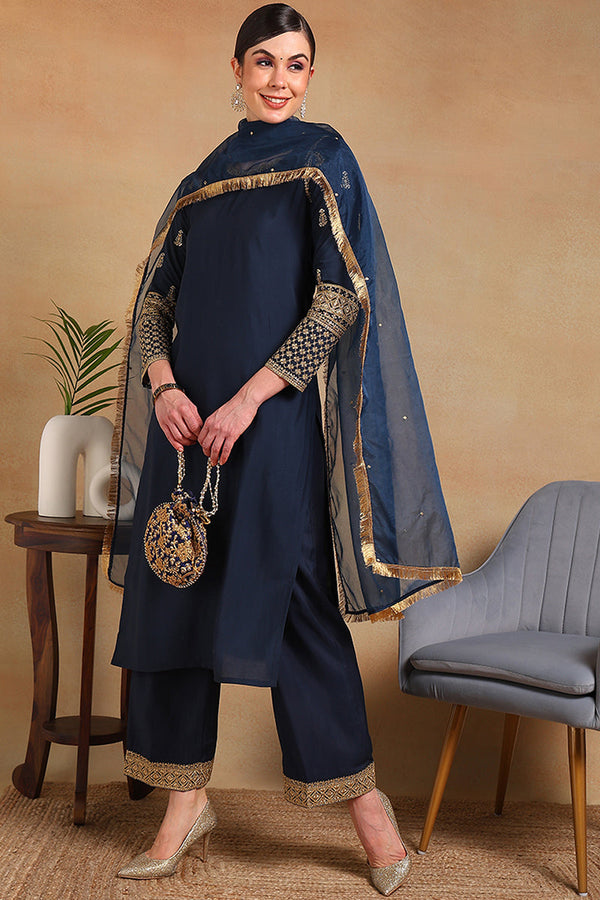 Teal Silk Blend Solid Embroidered Straight Regular Suit Set | WomensFashionFun.com