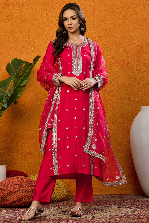 Red Silk Blend Solid Embroidered Straight Suit Set | WomensFashionFun.com