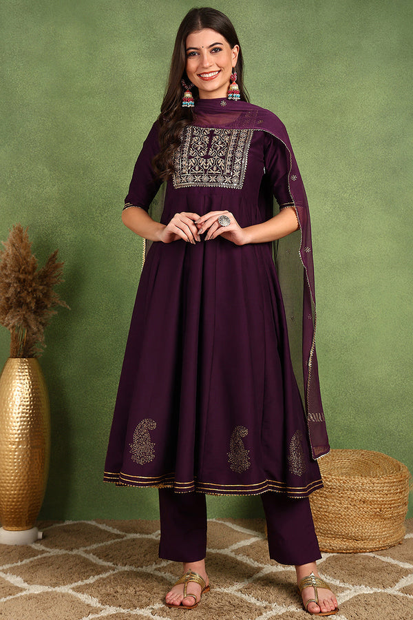 Purple Silk Blend Woven Design Embroidered Flared Suit Set | WomensFashionFun.com