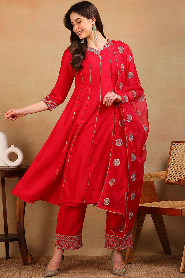 Red Silk Blend Solid Embroidered Flared Empire Suit Set | WomensFashionFun.com