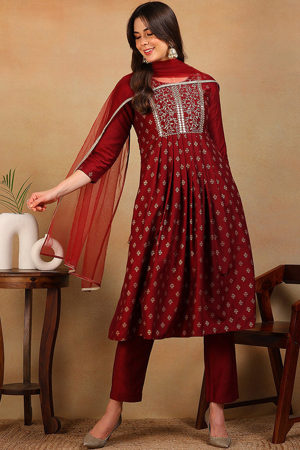 Maroon Silk Blend Solid Woven Design Flared Empire Suit Set | WomensFashionFun.com