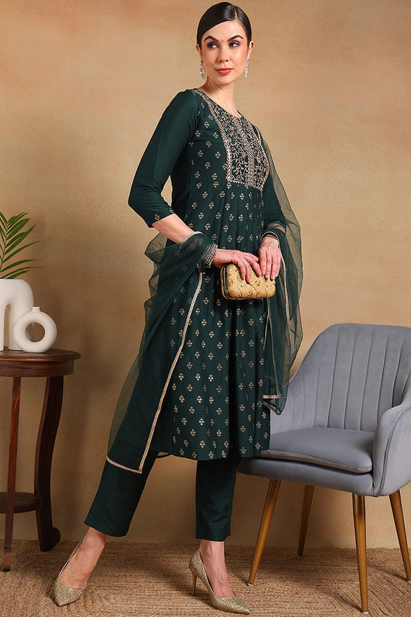 Green Silk Blend Solid Woven Design Flared Empire Suit Set | WomensFashionFun.com