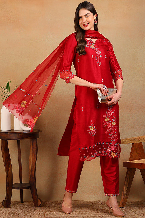 Red Silk Blend Solid Embroidered Straight Regular Suit Set | WomensFashionFun.com