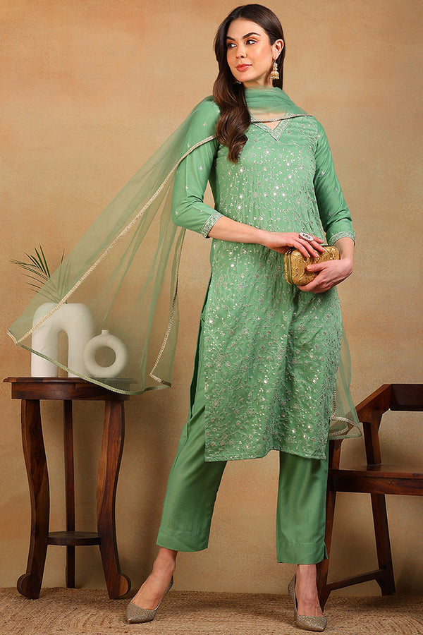 Green Silk Blend Solid Embroidered Straight Suit Set | WomensFashionFun.com