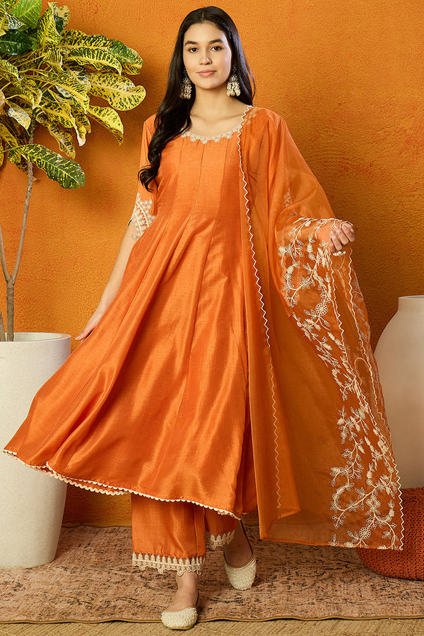 Orange Silk Blend Solid Embroidered Flared Suit Set | WomensFashionFun.com