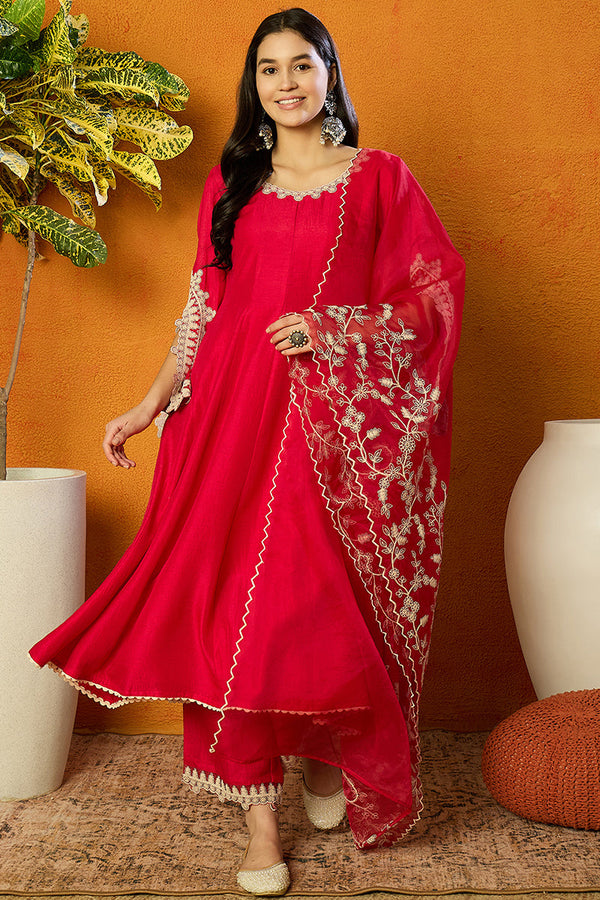 Fuchsia Silk Blend Solid Embroidered Flared Suit Set | WomensFashionFun.com