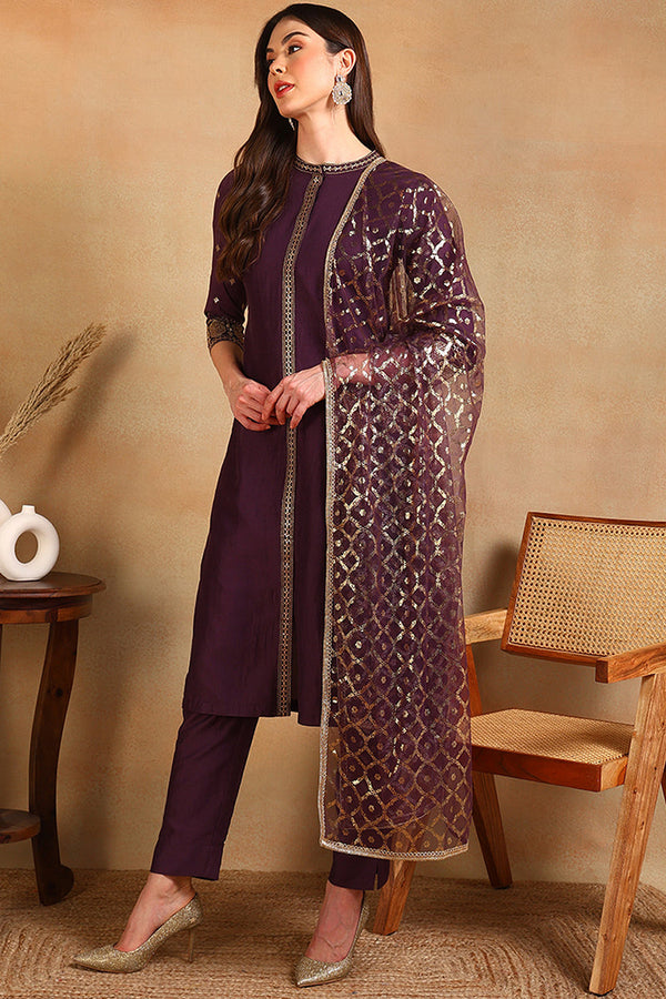 Purple Silk Blend Embroidered Straight Suit Set | WomensFashionFun.com