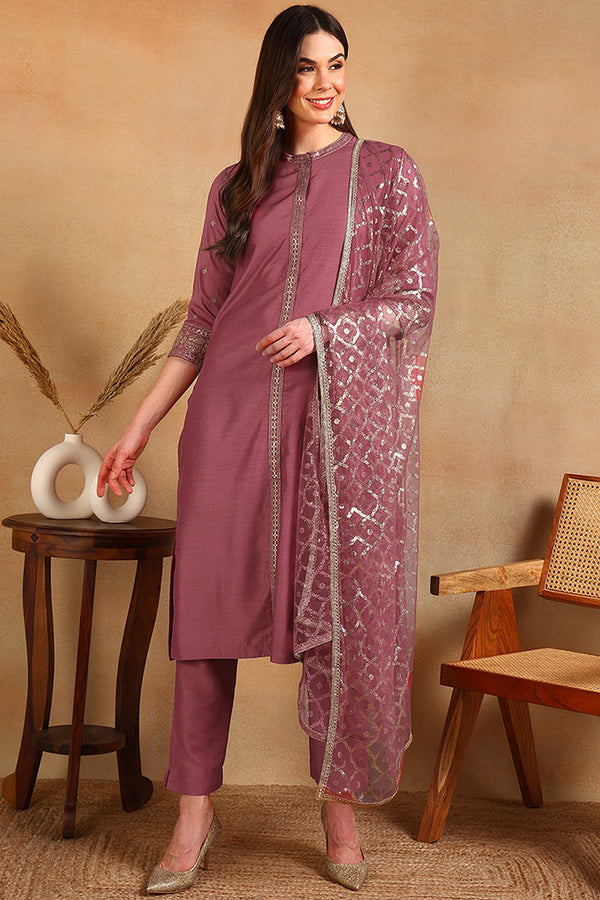 Pink Silk Blend Embroidered Straight Suit Set | WomensFashionFun.com