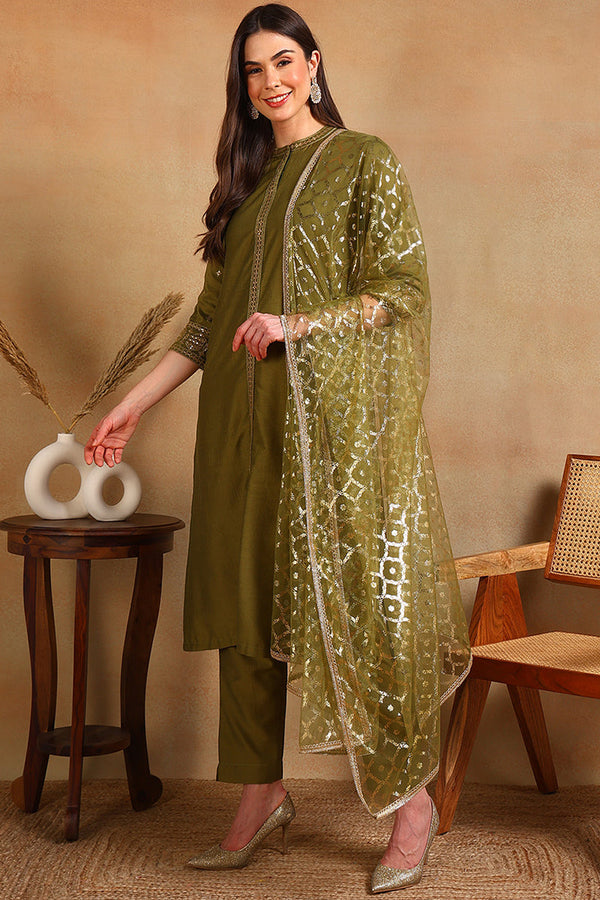 Olive Silk Blend Embroidered Straight Suit Set | WomensFashionFun.com