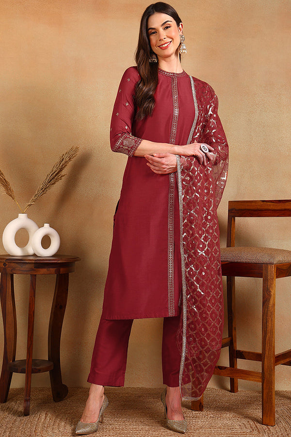 Red Silk Blend Embroidered Straight Suit Set | WomensFashionFun.com