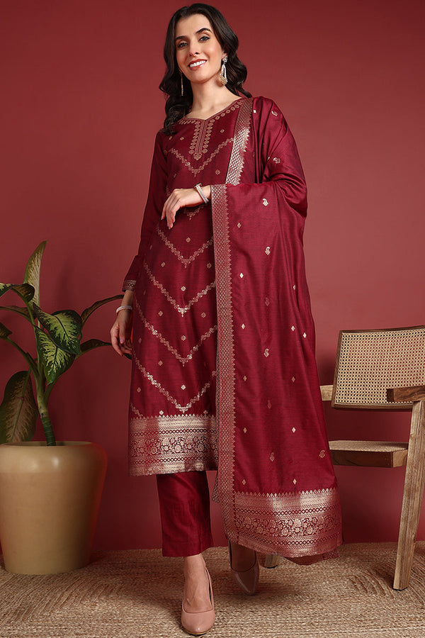 Maroon Silk Blend Ethnic Motifs Woven Design Straight Suit Set | WomensFashionFun.com