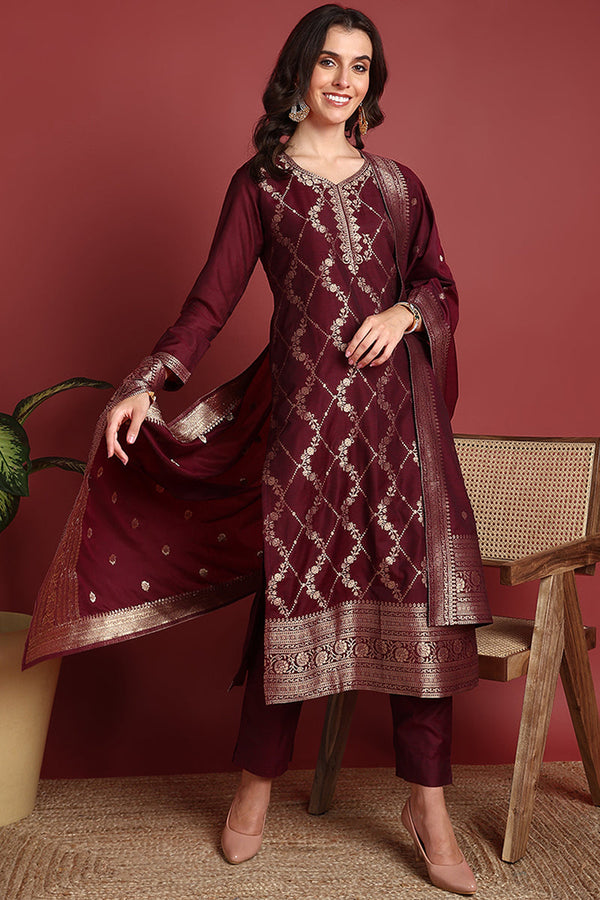 Burgundy Silk Blend Ethnic Motifs Woven Design Straight Suit Set | WomensFashionFun.com