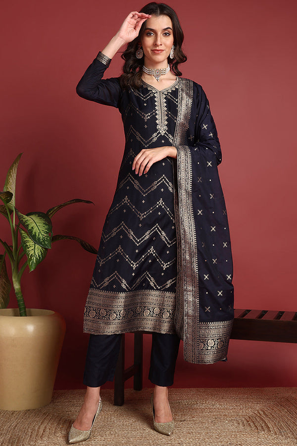 Navy Blue Silk Blend Ethnic Motifs Woven Design Straight Suit Set | WomensFashionFun.com