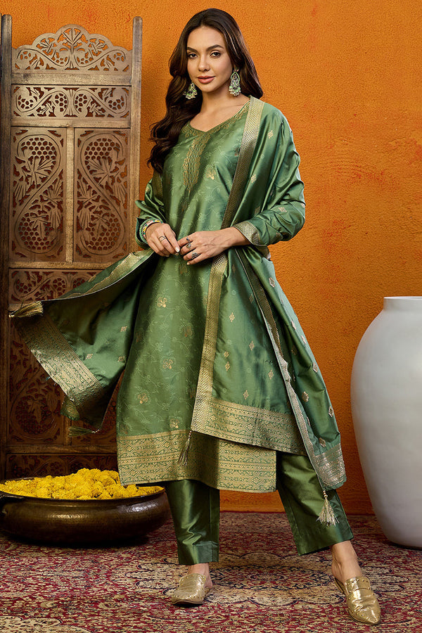 Green Silk Blend Ethnic Motifs Woven Design Straight Suit Set | WomensFashionFun.com