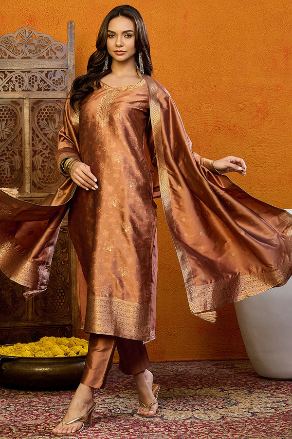 Brown Silk Blend Ethnic Motifs Woven Design Straight Suit Set | WomensFashionFun.com