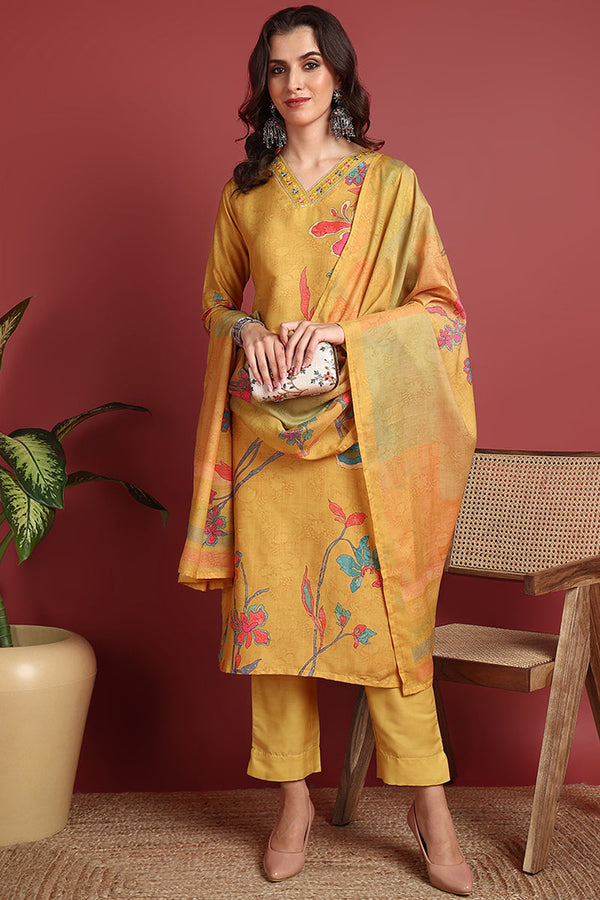 Mustard Silk Blend Floral Printed Straight Suit Set | WomensFashionFun.com