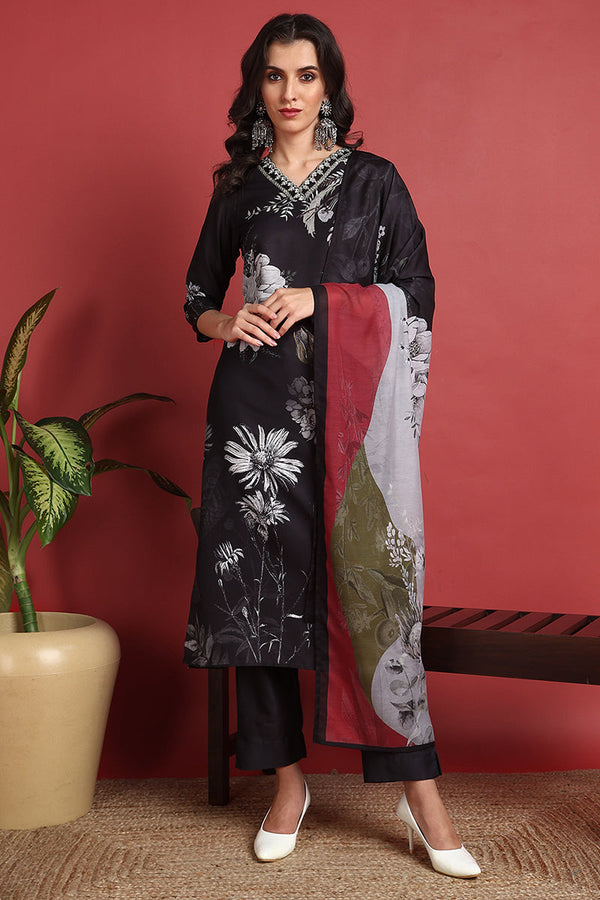 Black Silk Blend Floral Printed Straight Suit Set | WomensFashionFun.com