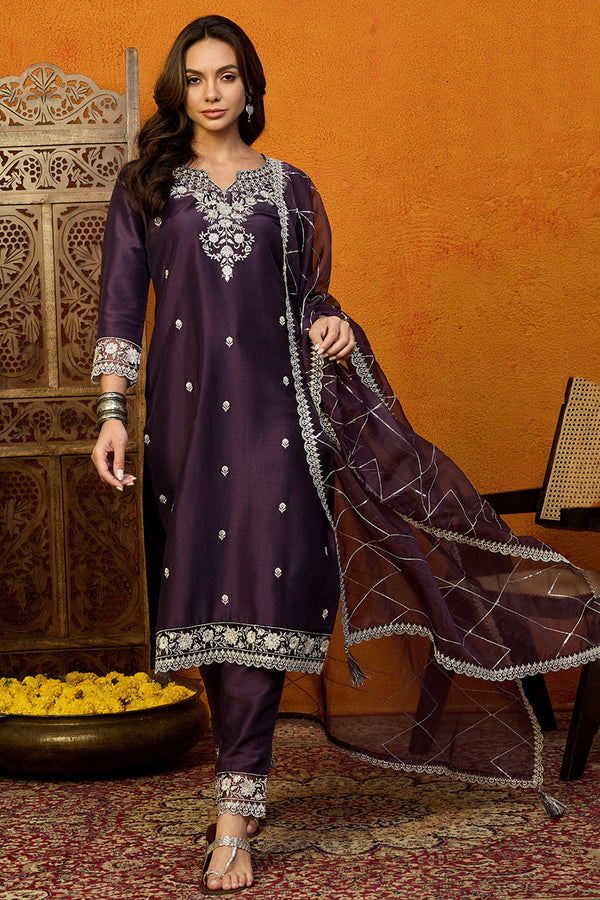 Purple Silk Blend Solid Embroidered Straight Suit Set | WomensFashionFun.com