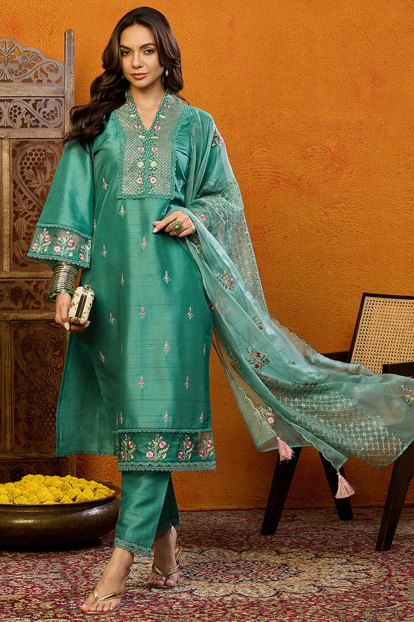 Teal Silk Blend Solid Embroidered Straight Suit Set | WomensFashionFun.com