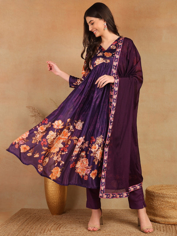 Women Purple Silk Blend Floral Printed Straight Kurta Trouser With Dupatta | WomensFashionFun.com