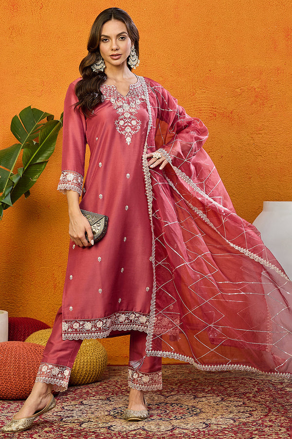 Rust Red Silk Blend Solid Embroidered Straight Suit Set | WomensFashionFun.com