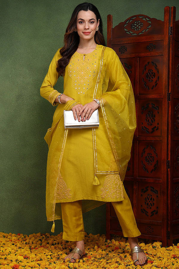 Mustard Yellow Silk Blend Solid Yoke Design Straight Suit Set | WomensFashionFun.com