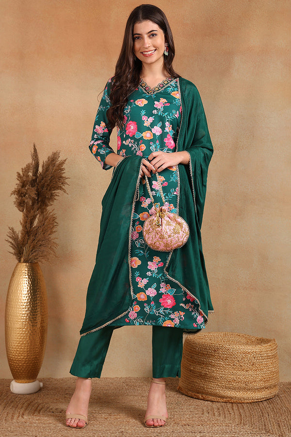 Green Polyester Floral Printed Straight Trouser Suit Set | WomensFashionFun.com