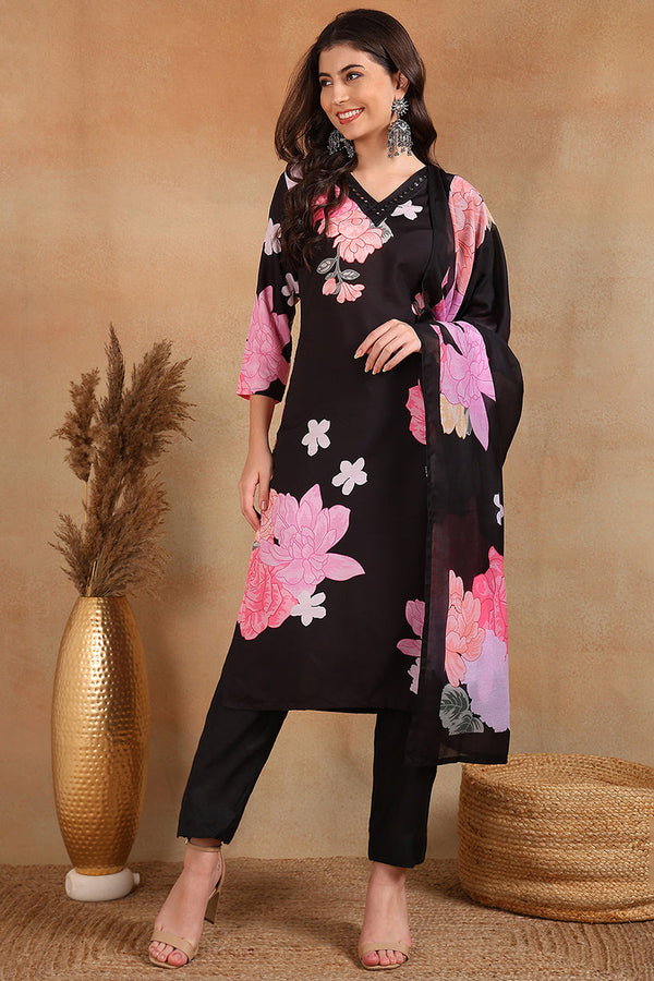 Black Cotton Blend Floral Printed Straight Trouser Suit Set | WomensFashionFun.com